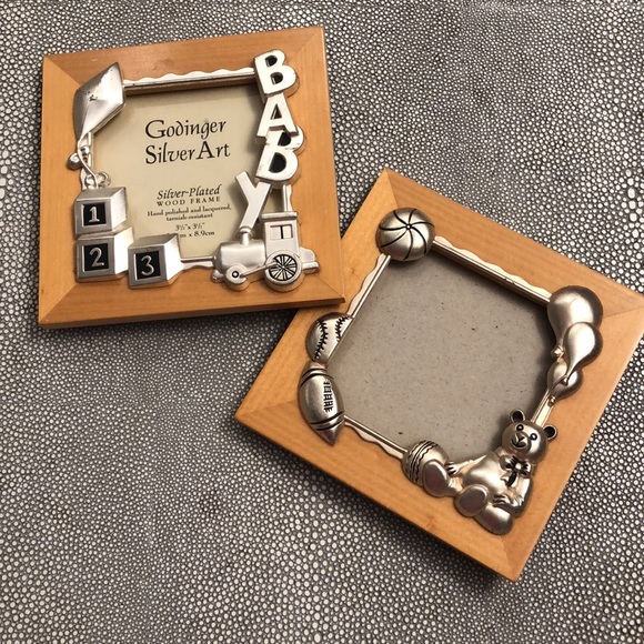 BABY 2 Picture Frames Silver Plated Wood Frame Hand Polished Lacquered 3.5”x3.5” - Picture 4 of 6